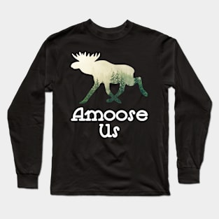 Amoose Us Walking Moose With A Green White Forest Tree Fill Long Sleeve T-Shirt